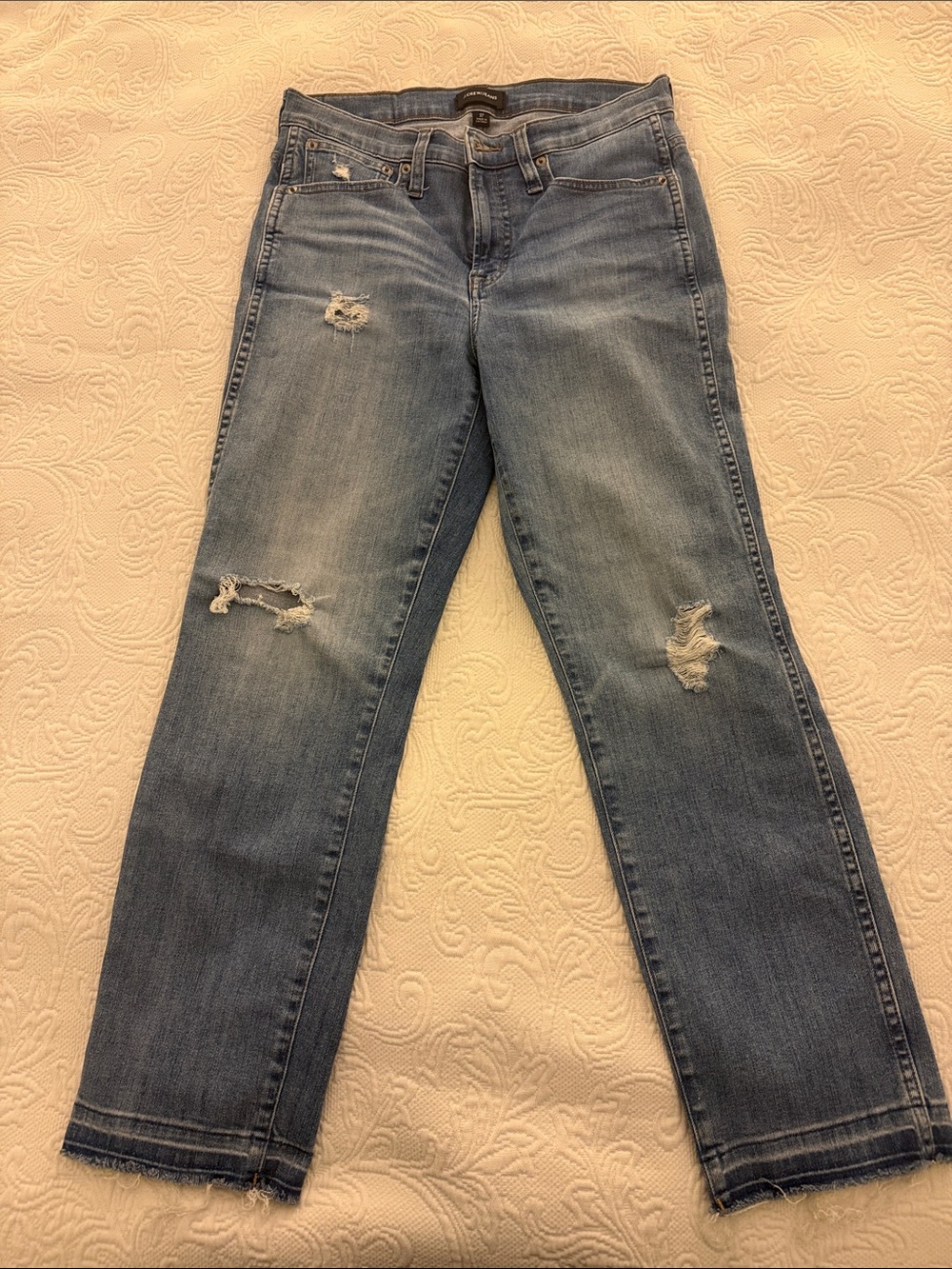 J.Crew Light Wash Distressed Cropped Ankle Jeans Raw Hem Ripped Knee Size 27